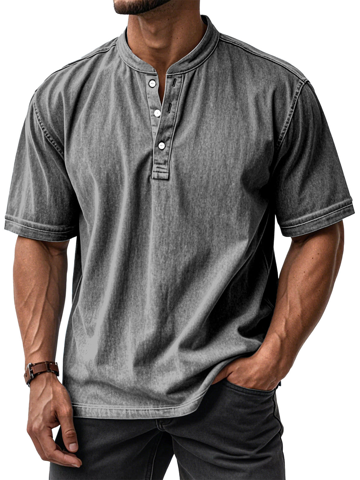 Men's Casual Solid Color Vintage Loose Short Sleeve Button-down Henley Shirt