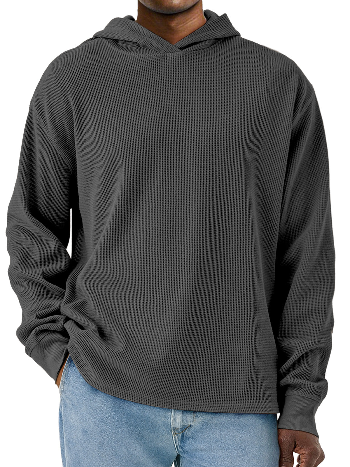 Men's Simple Solid Color Waffle Long Sleeve Hooded Sweatshirt