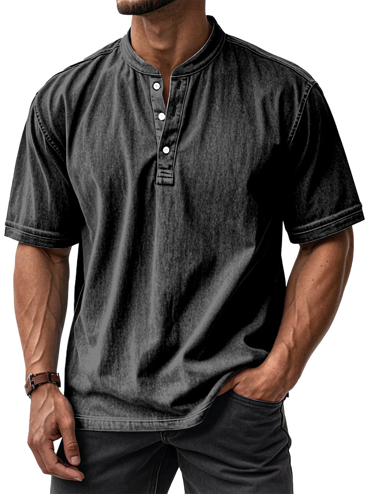 Men's Casual Solid Color Vintage Loose Short Sleeve Button-down Henley Shirt