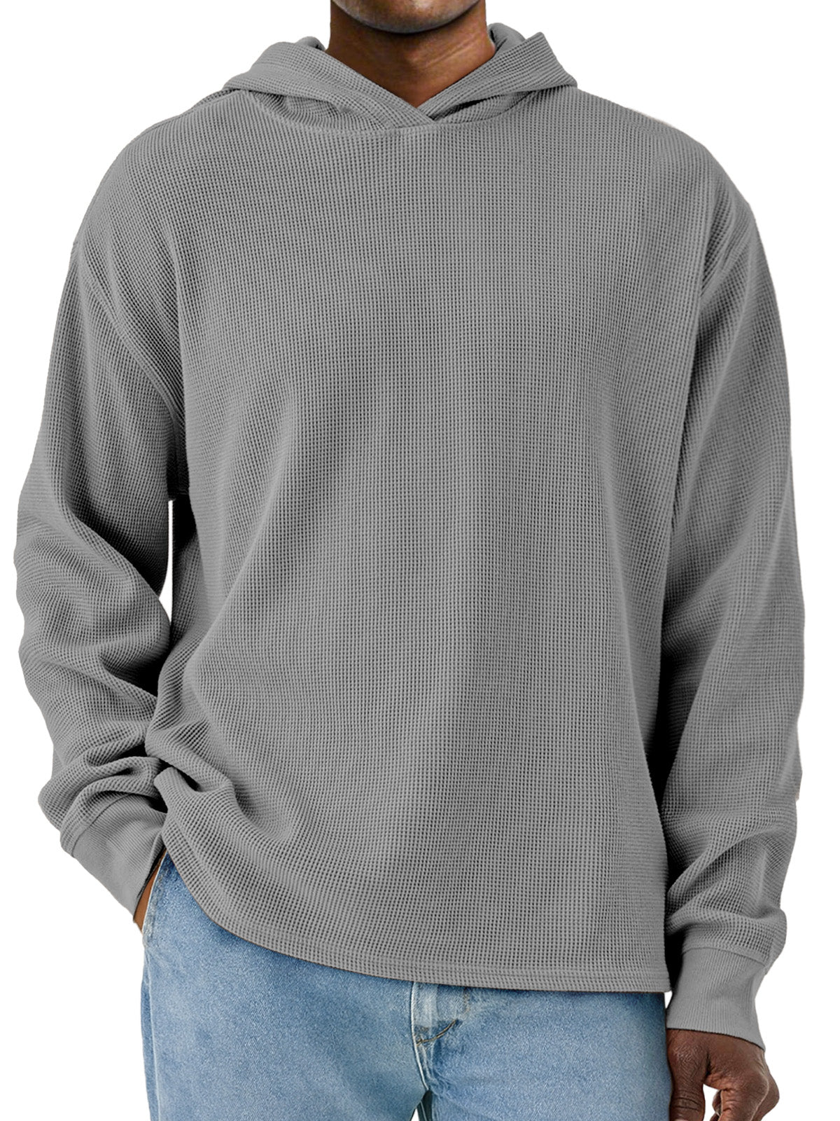 Men's Simple Solid Color Waffle Long Sleeve Hooded Sweatshirt