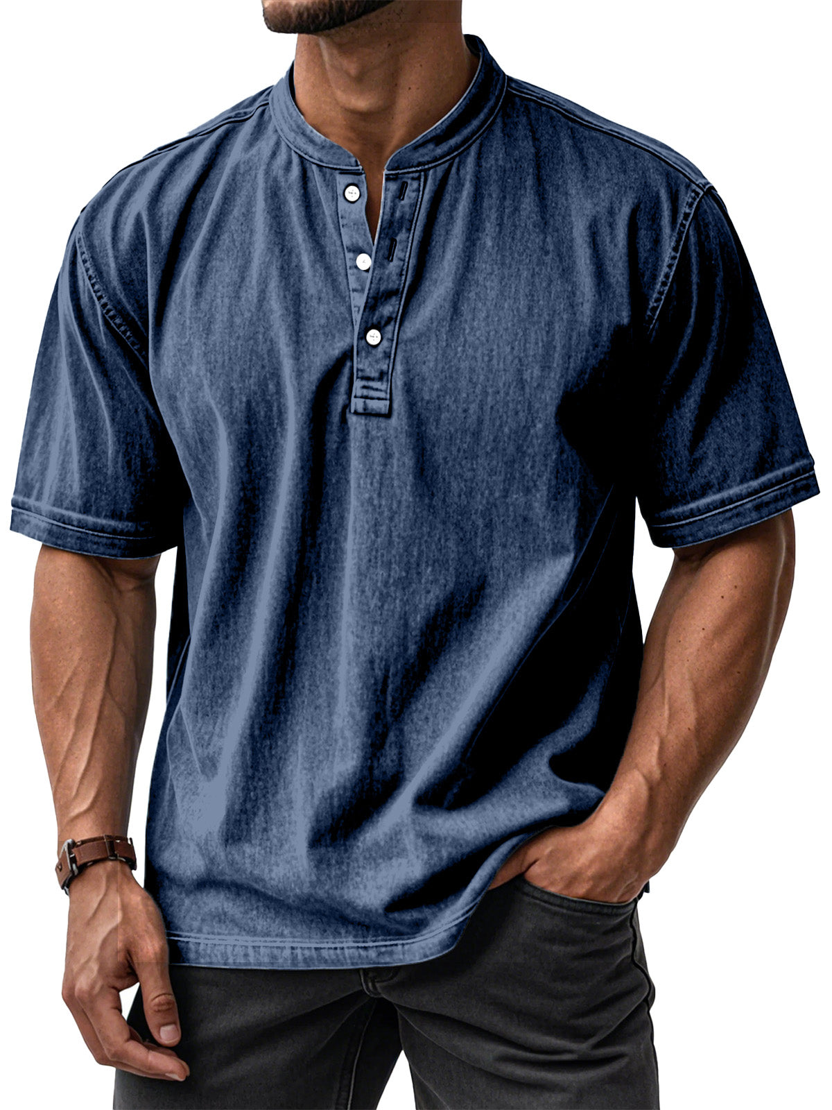 Men's Casual Solid Color Vintage Loose Short Sleeve Button-down Henley Shirt