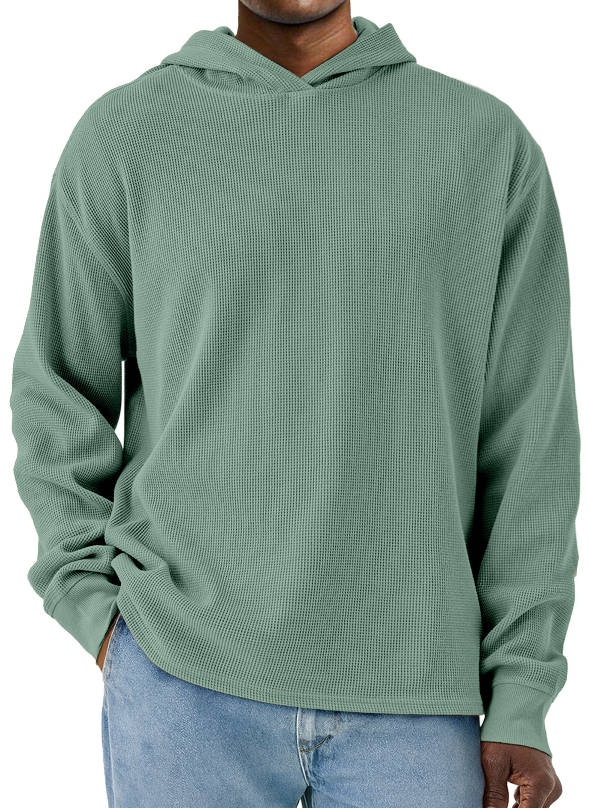 Men's Simple Solid Color Waffle Long Sleeve Hooded Sweatshirt