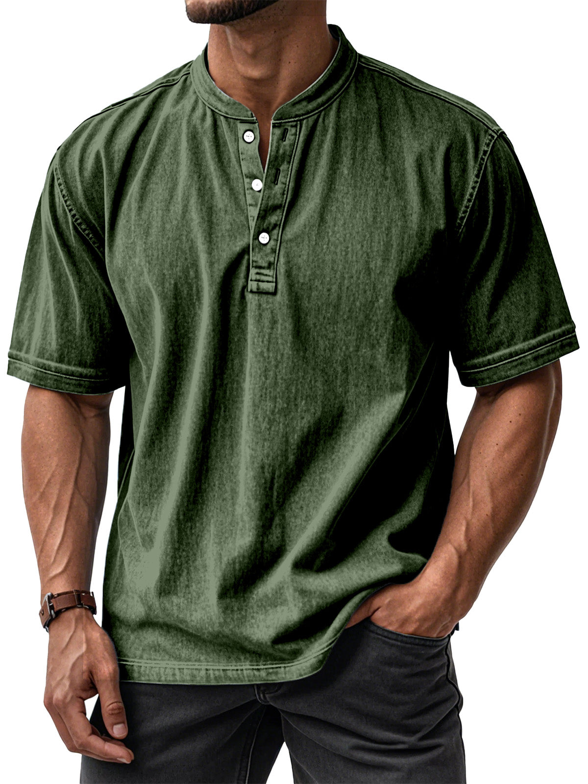 Men's Casual Solid Color Vintage Loose Short Sleeve Button-down Henley Shirt