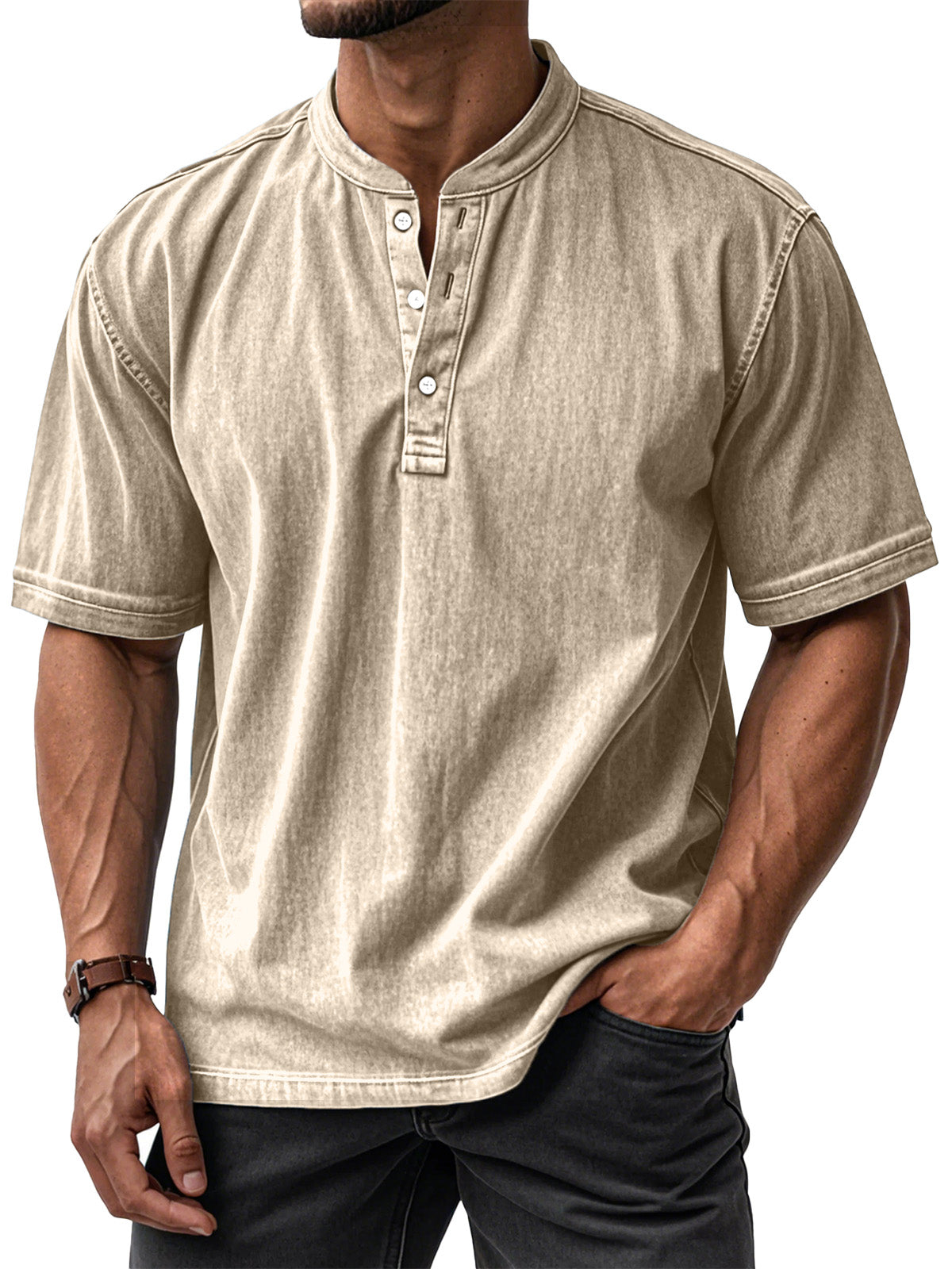 Men's Casual Solid Color Vintage Loose Short Sleeve Button-down Henley Shirt