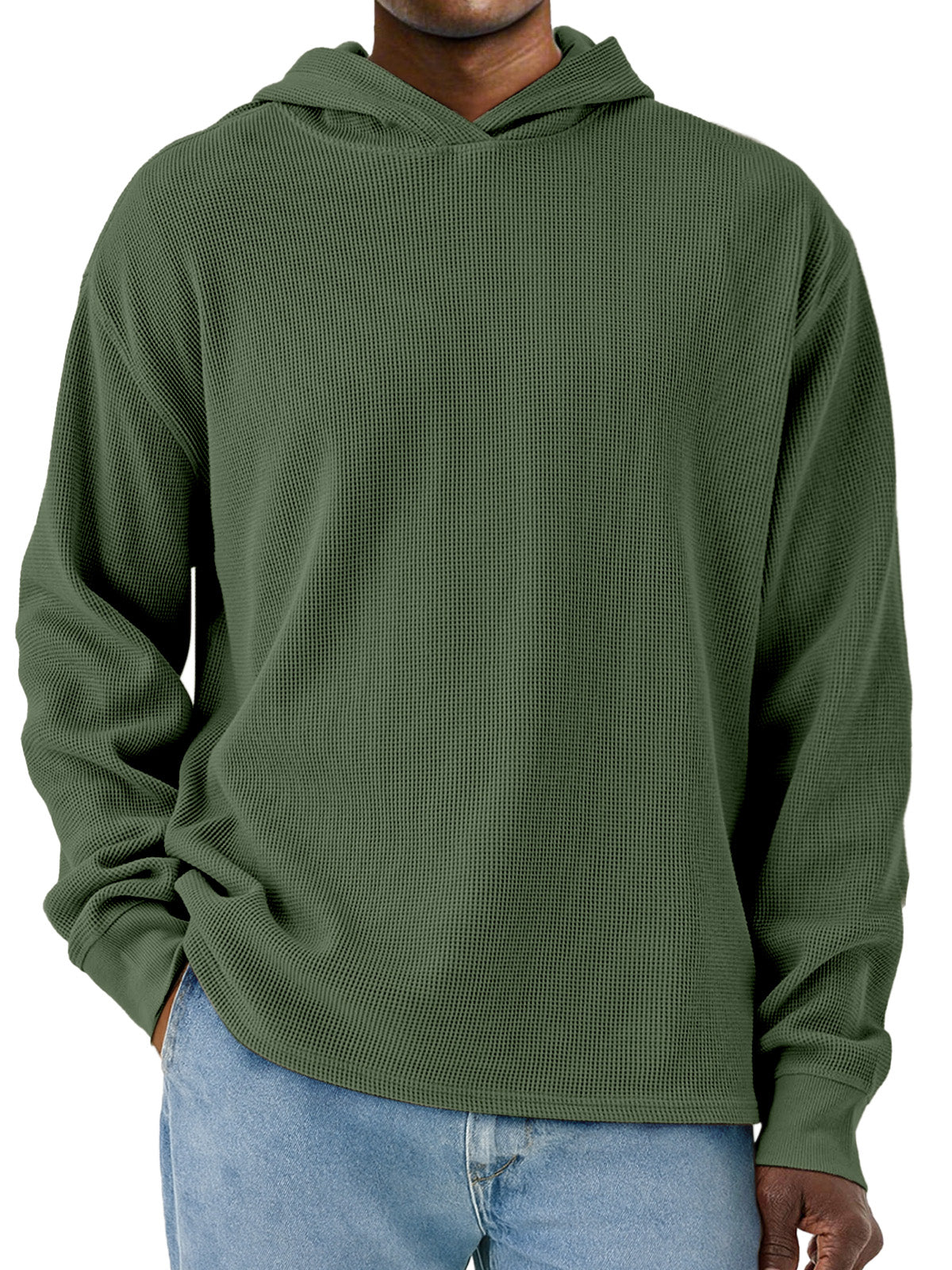 Men's Simple Solid Color Waffle Long Sleeve Hooded Sweatshirt