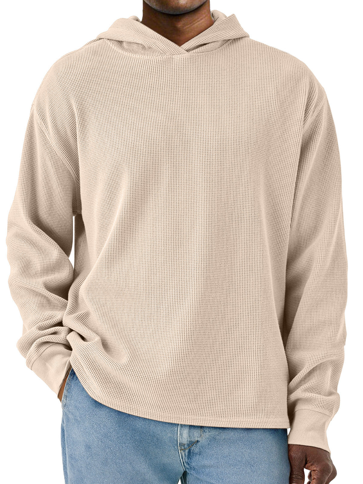 Men's Simple Solid Color Waffle Long Sleeve Hooded Sweatshirt