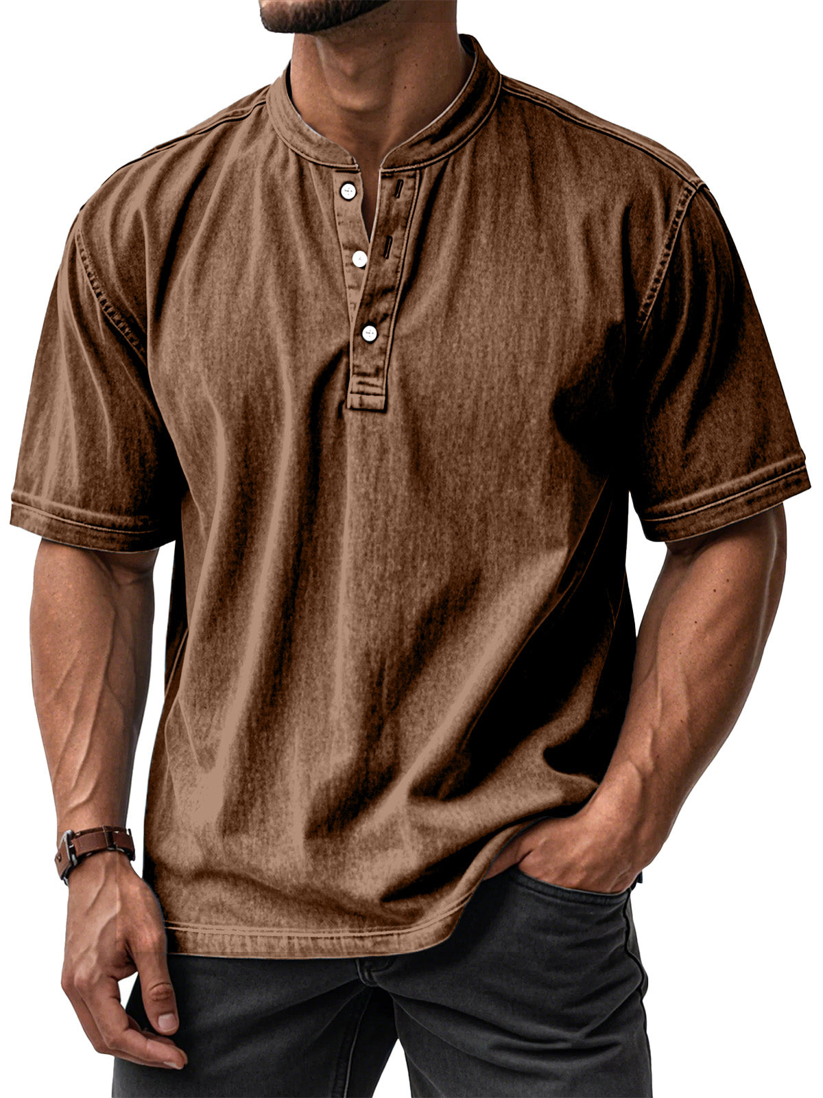 Men's Casual Solid Color Vintage Loose Short Sleeve Button-down Henley Shirt