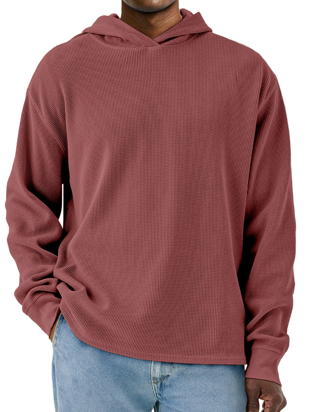 Men's Simple Solid Color Waffle Long Sleeve Hooded Sweatshirt