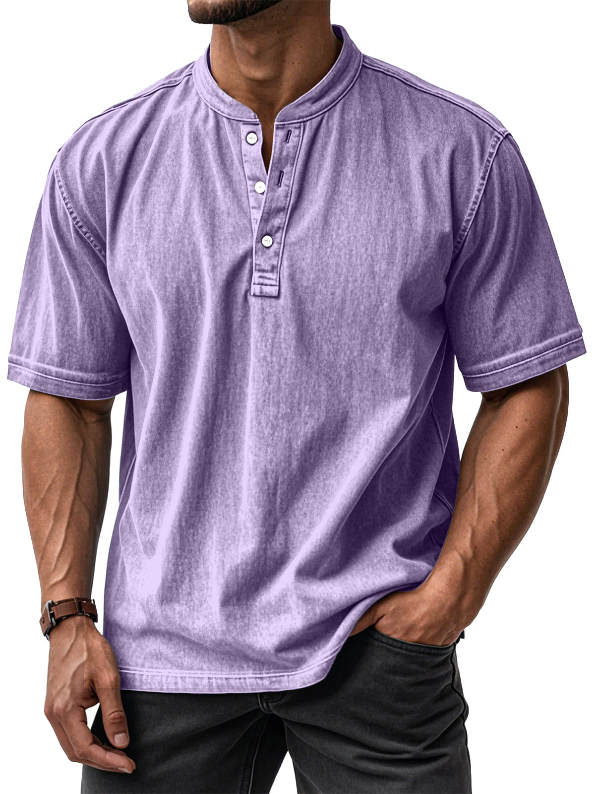 Men's Casual Solid Color Vintage Loose Short Sleeve Button-down Henley Shirt