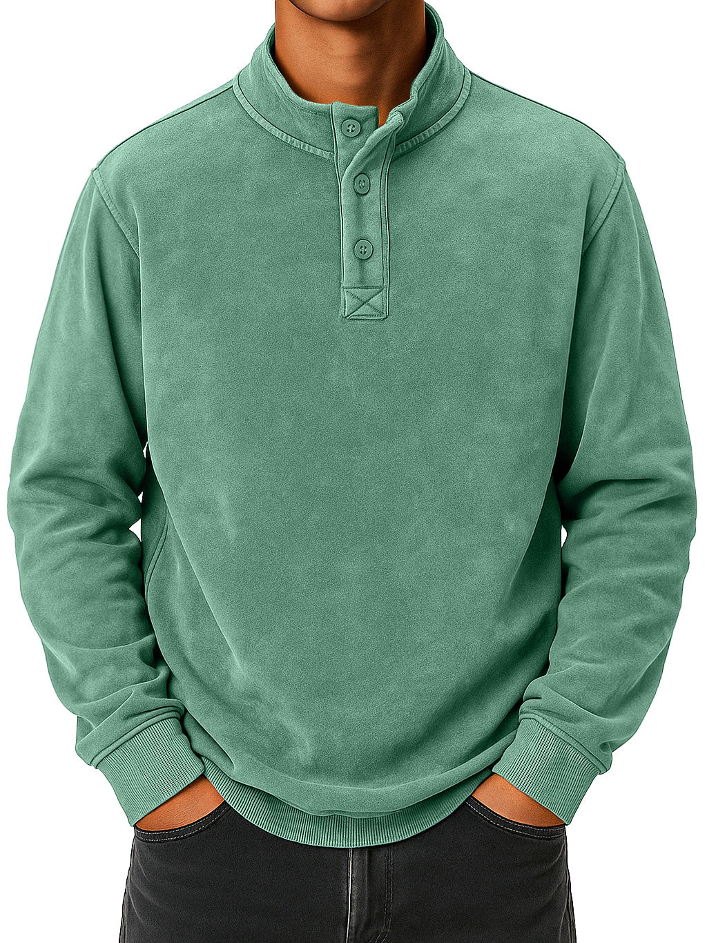 Men's vintage distressed stand collar button-down comfortable sweatshirt