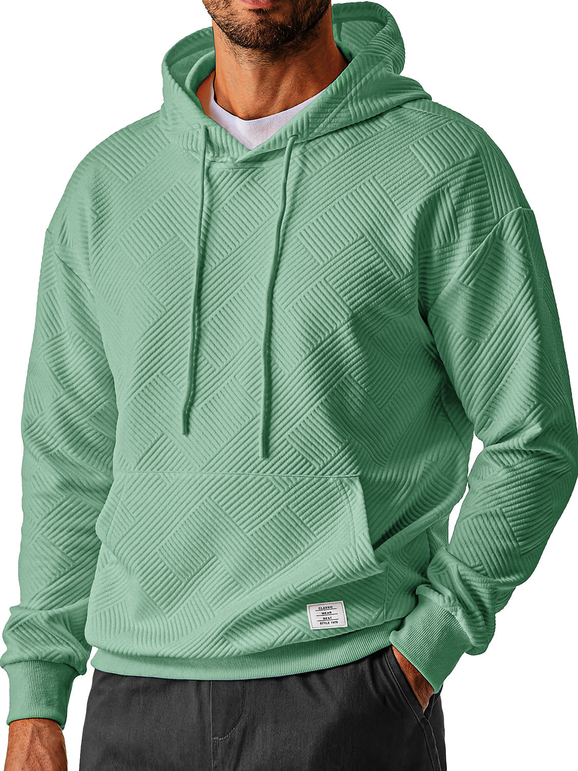 Men's Everyday Simple Textured Embroidered Logo Hooded Long-sleeved Sweatshirt