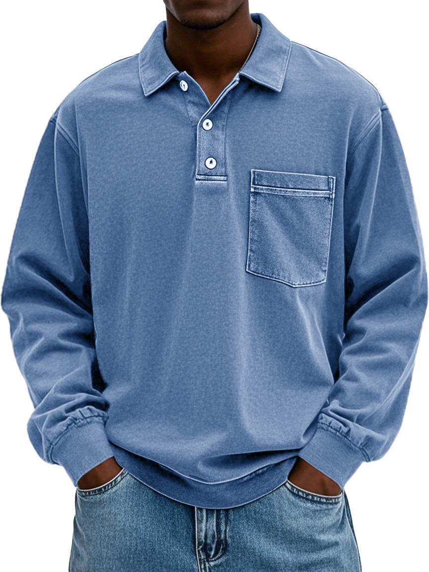 Men's Stylish Vintage Distressed Pocket Lapel Long-sleeved Polo Shirt 