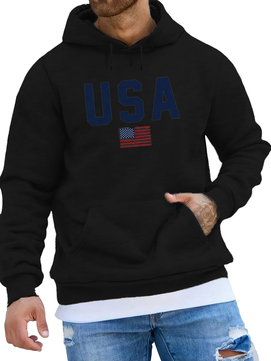 Men's Fashionable American Flag Print Pocket Long Sleeve Hoodie