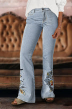 Striped Pattern Embroidered Low Waist Bootcut Jeans
