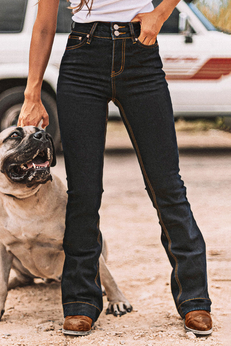 Double Button Stitch Detail High Waist Bootcut Jeans