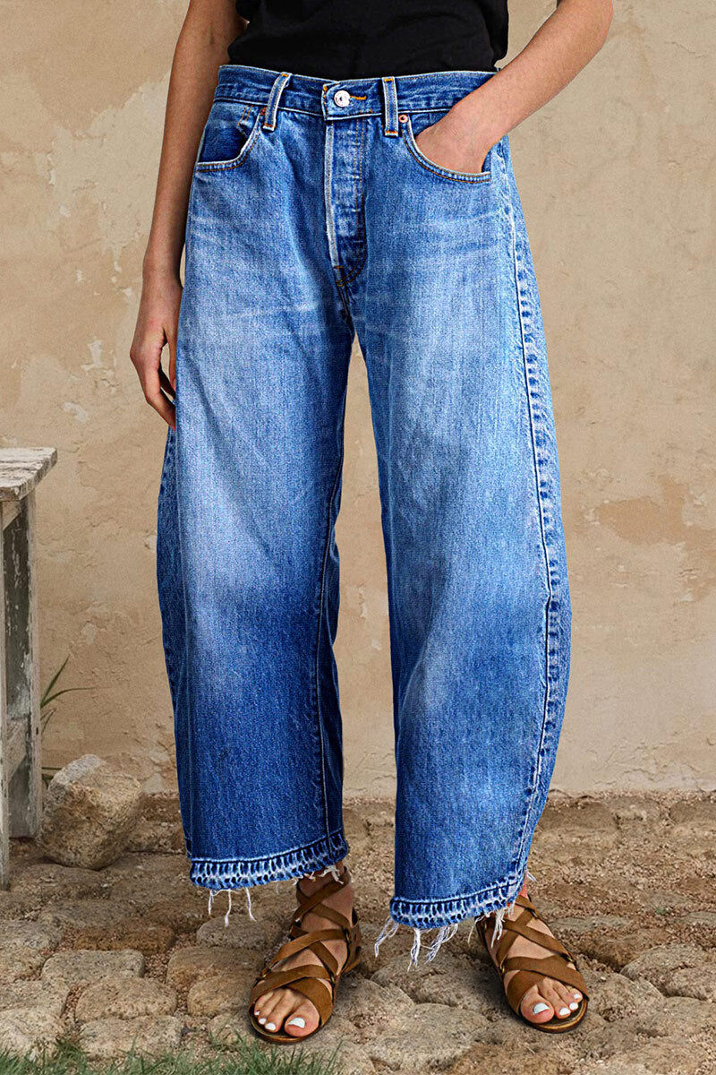 Wash Raw Hem Straight Leg Mid Rise Crop Jeans Without Belt