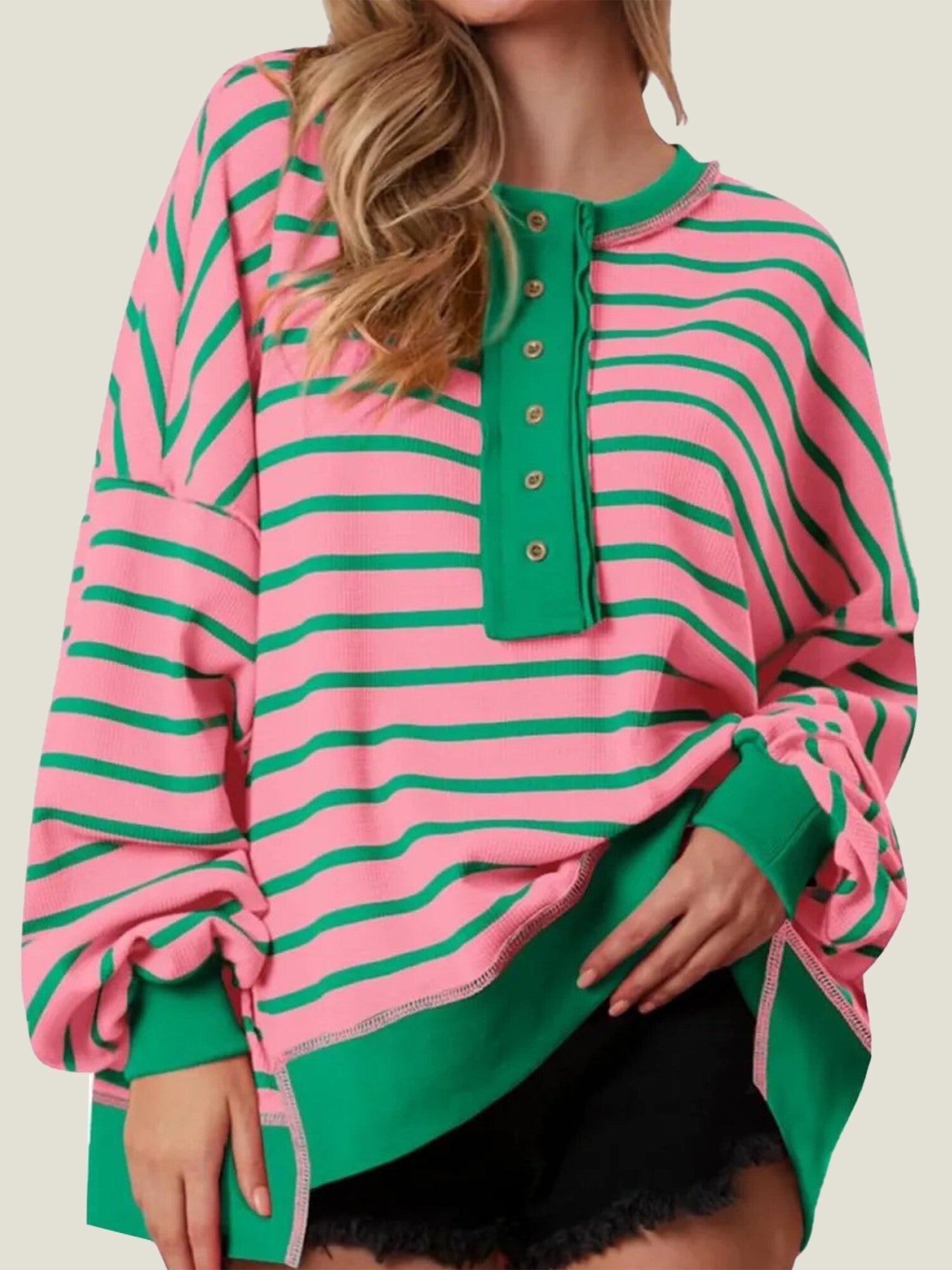 Women's Oversized Striped Button Up Henley Neck Waffle Knit Pullover