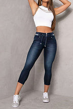 Wash Contrast Binding Double Button Drawstring Mid Waist Capri Jeans
