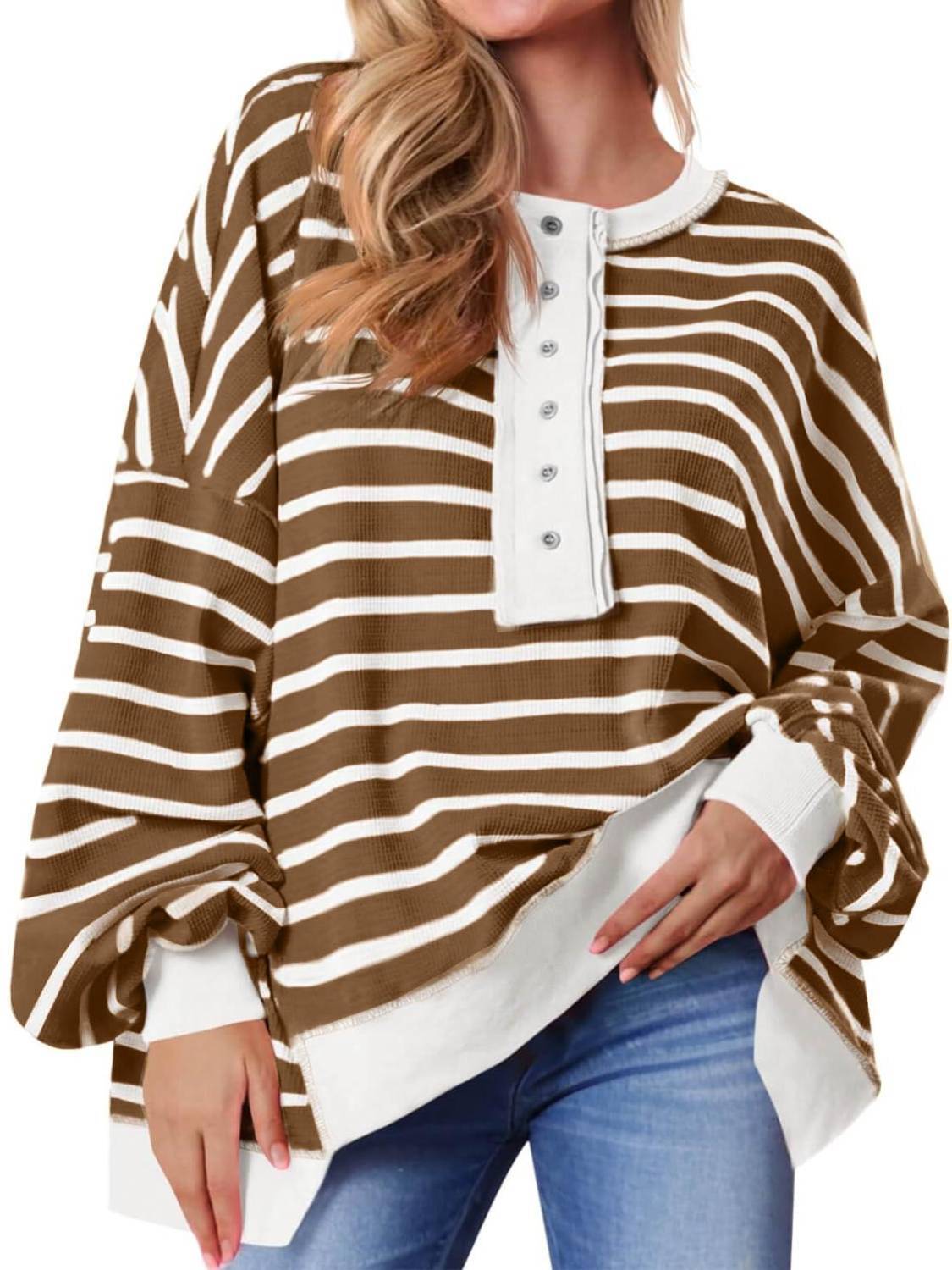Women's Oversized Striped Button Up Henley Neck Waffle Knit Pullover