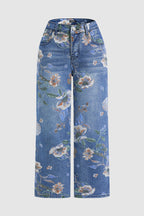 Allover Floral Pattern Straight Leg High Rise Crop Jeans