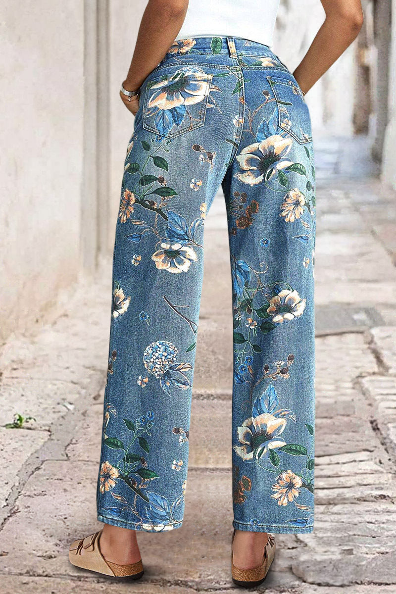 Allover Floral Pattern Straight Leg High Rise Crop Jeans