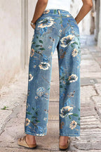 Allover Floral Pattern Straight Leg High Rise Crop Jeans