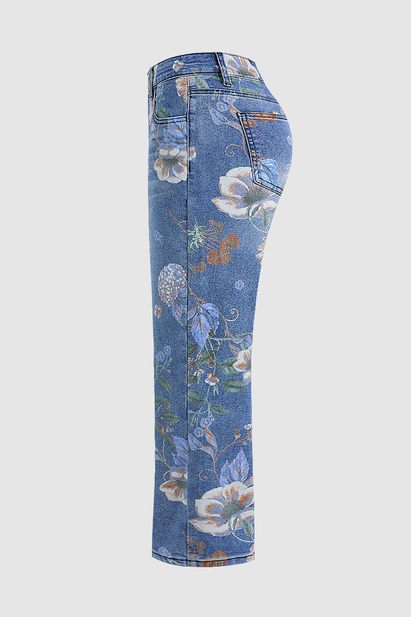 Allover Floral Pattern Straight Leg High Rise Crop Jeans