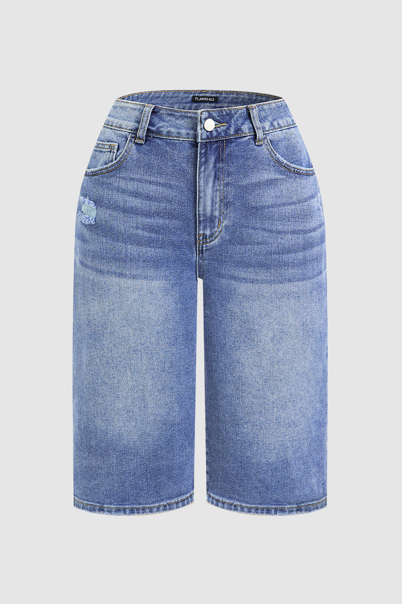 Raw Hem Ripped Mid Waist Denim Bermuda Shorts Without Belt