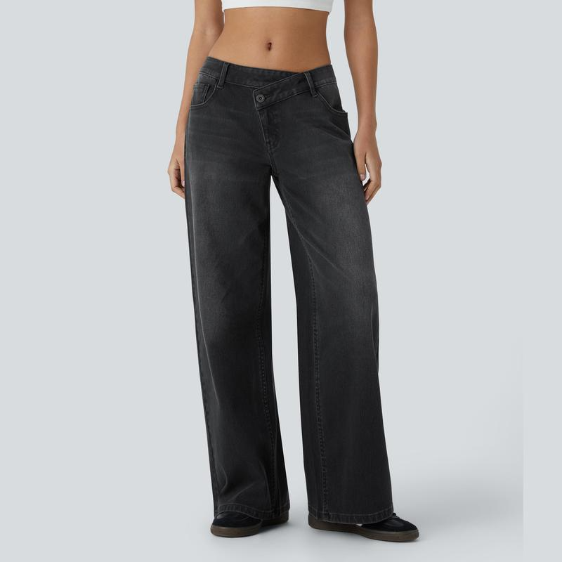 𝑯𝒂𝒍𝒍𝒐𝒘𝒆𝒆𝒏 𝑺𝒂𝒍𝒆🎃Flex Asymmetric Low Rise Zipper Pockets Baggy Wide Leg Washed Casual Jeans