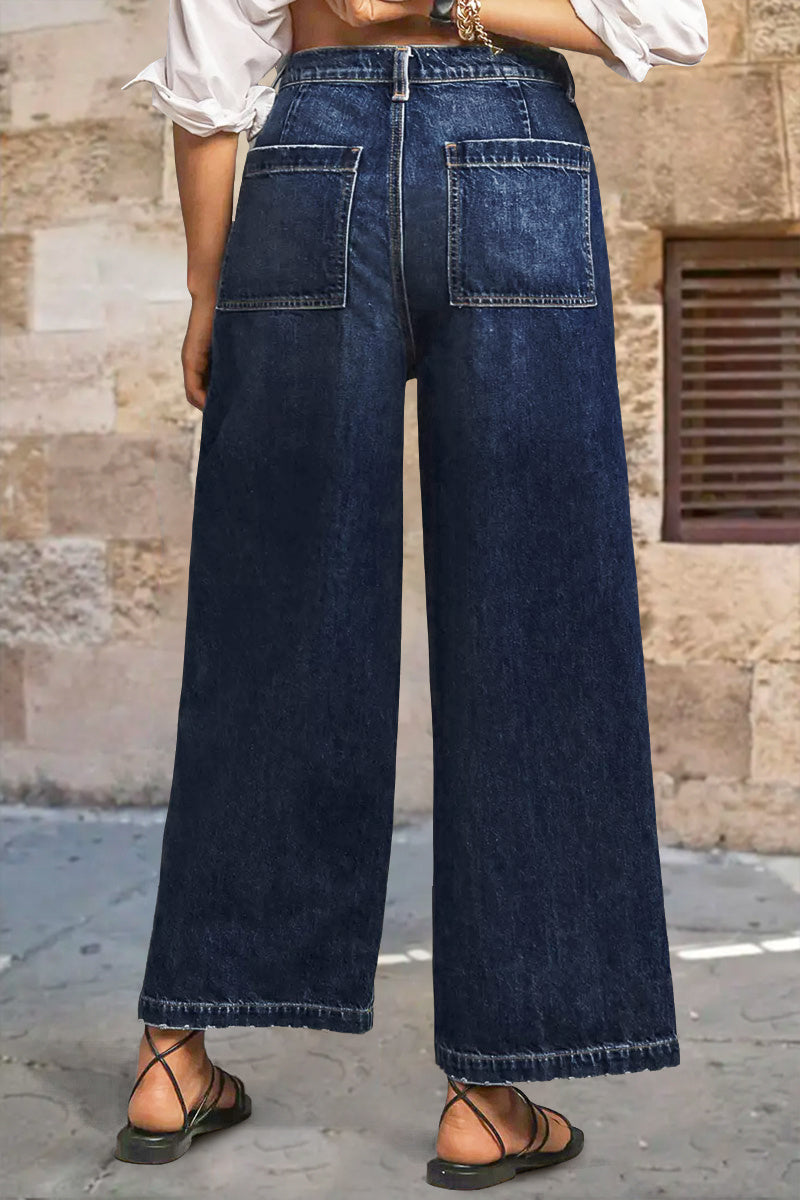 Wash Stitch Detail Raw Hem Crop Wide Leg Mid Rise Jeans