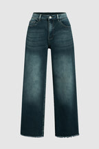 Tall Washed Raw Hem Mid Waist Wide Leg Jeans