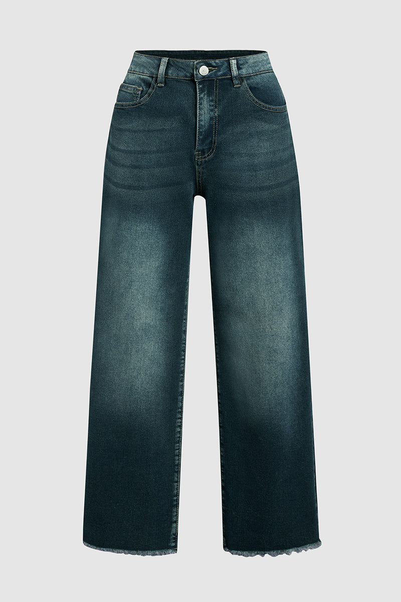 Tall Washed Raw Hem Mid Waist Wide Leg Jeans