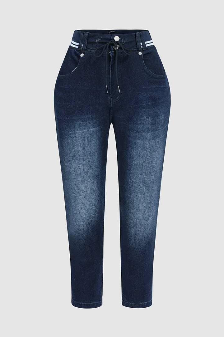Wash Contrast Binding Double Button Drawstring Mid Waist Capri Jeans