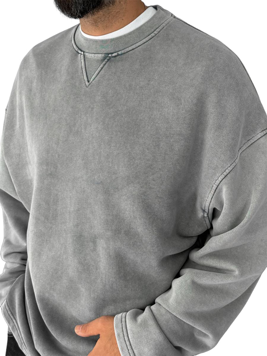 Men's Washed, Distressed, Vintage Casual Cotton Crew-neck Long-sleeved Sweatshirt