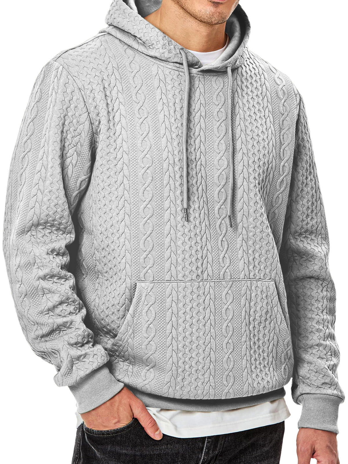 Men's Simple Solid Color Texture Long-sleeved Hooded Sweatshirt