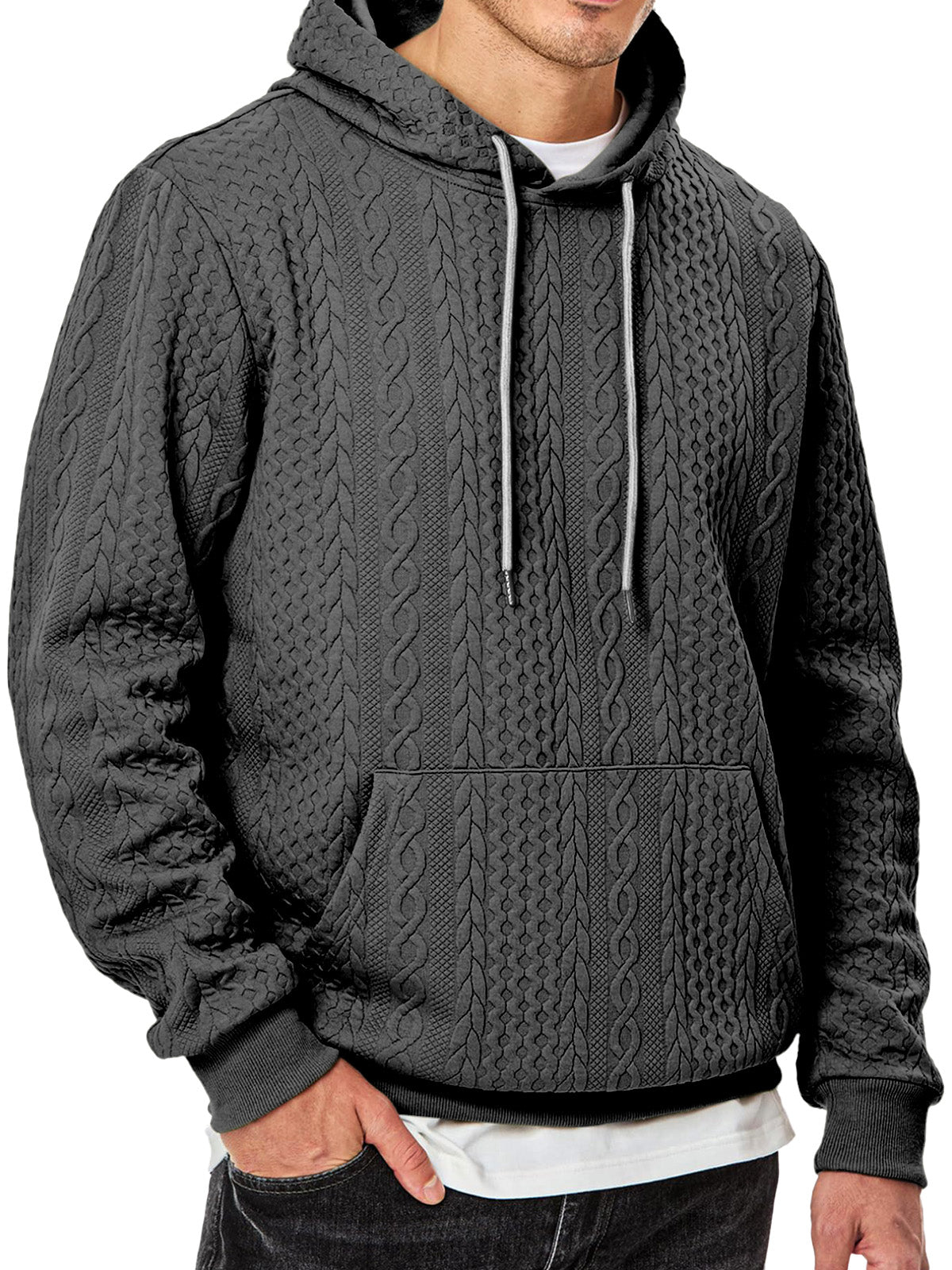 Men's Simple Solid Color Texture Long-sleeved Hooded Sweatshirt
