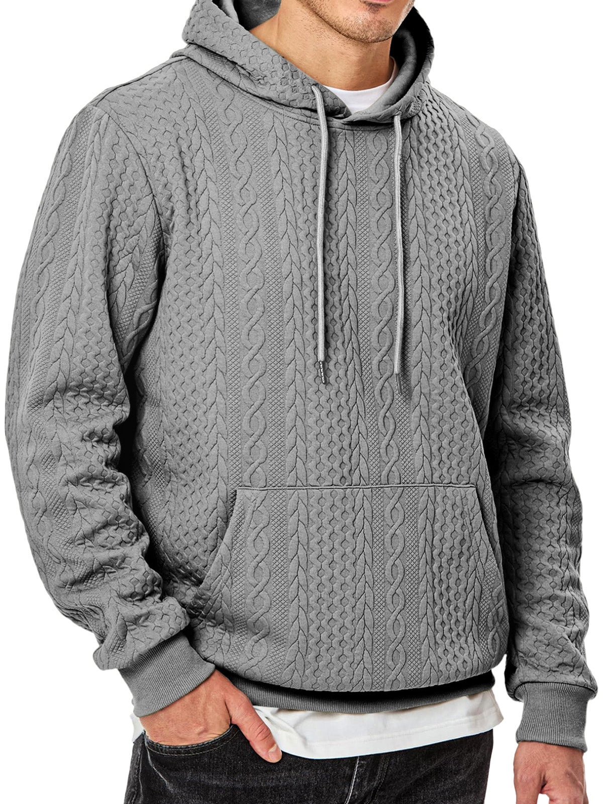 Men's Simple Solid Color Texture Long-sleeved Hooded Sweatshirt