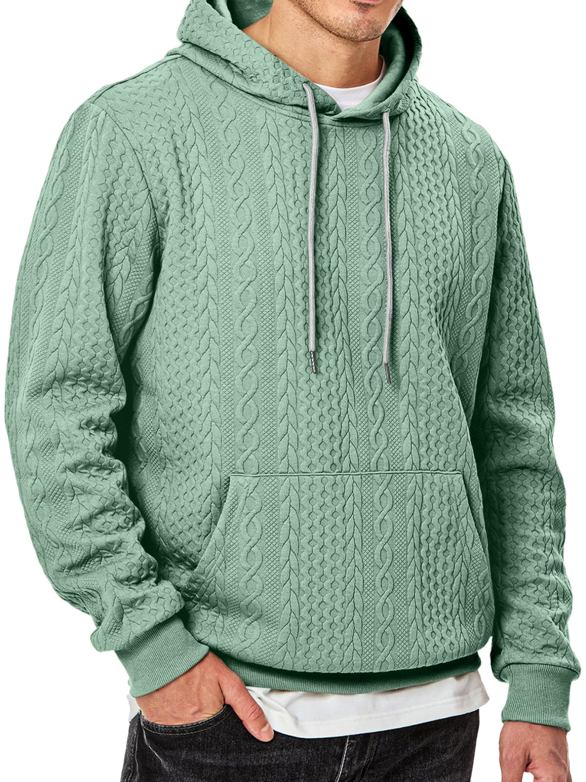 Men's Simple Solid Color Texture Long-sleeved Hooded Sweatshirt
