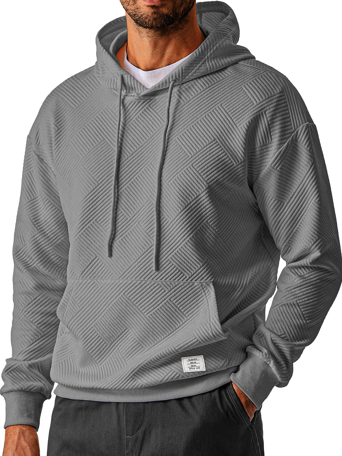 Men's Everyday Simple Textured Embroidered Logo Hooded Long-sleeved Sweatshirt