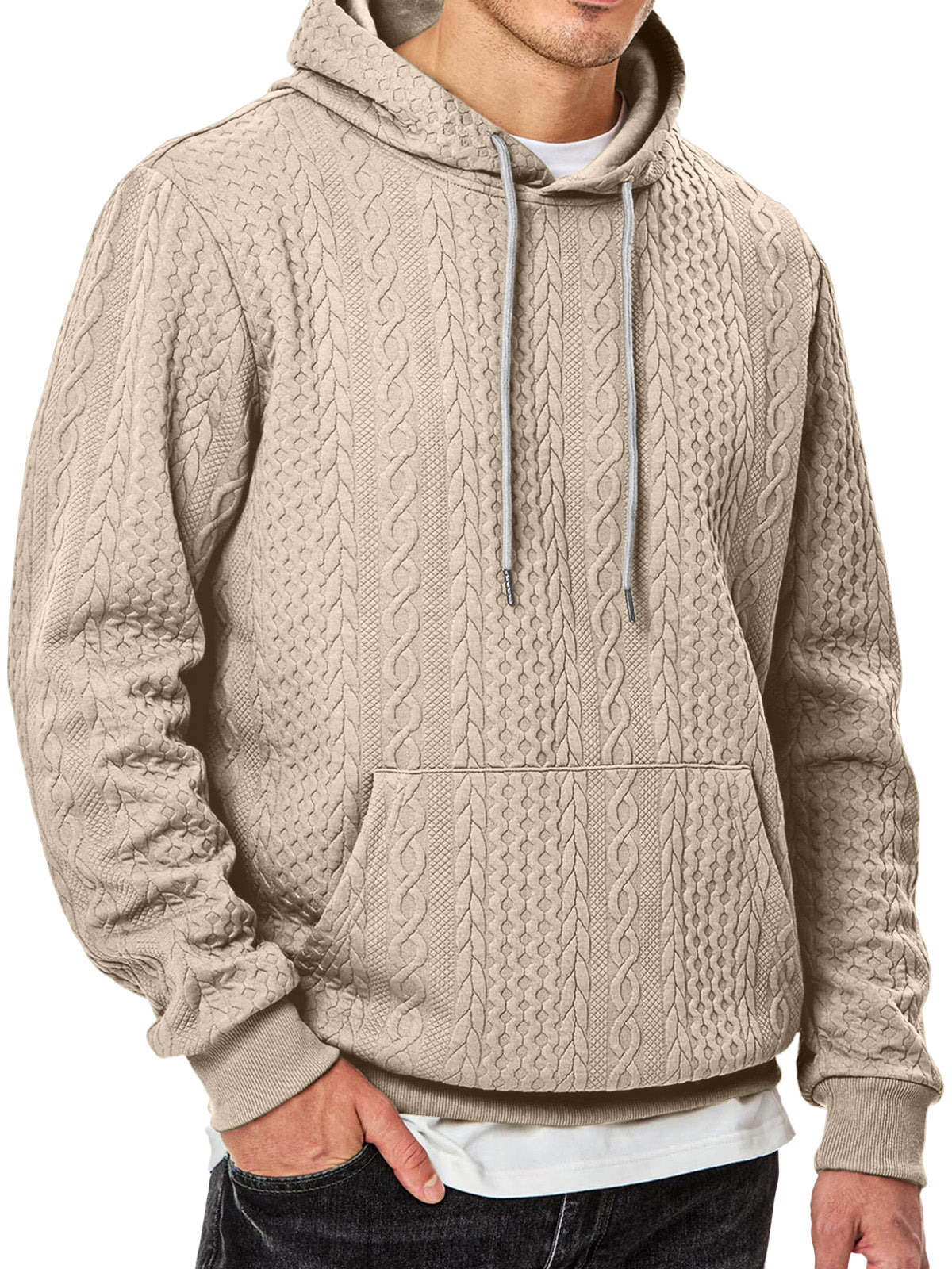 Men's Simple Solid Color Texture Long-sleeved Hooded Sweatshirt