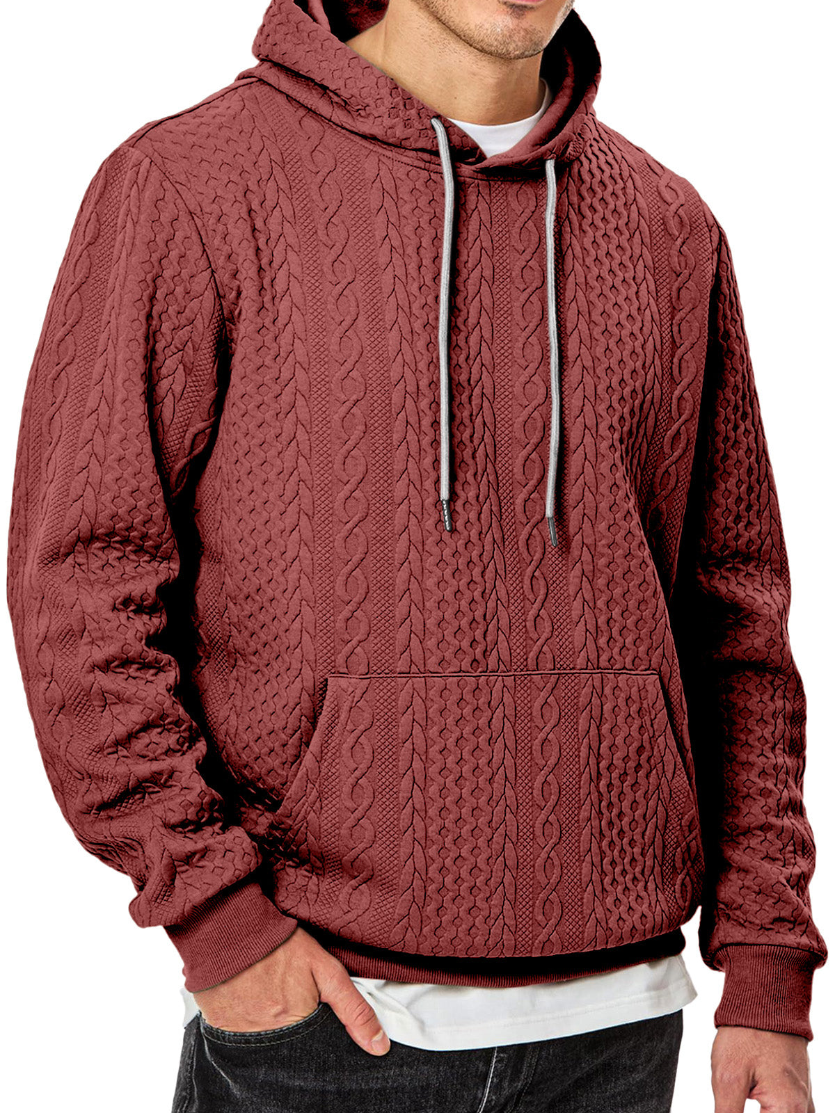Men's Simple Solid Color Texture Long-sleeved Hooded Sweatshirt
