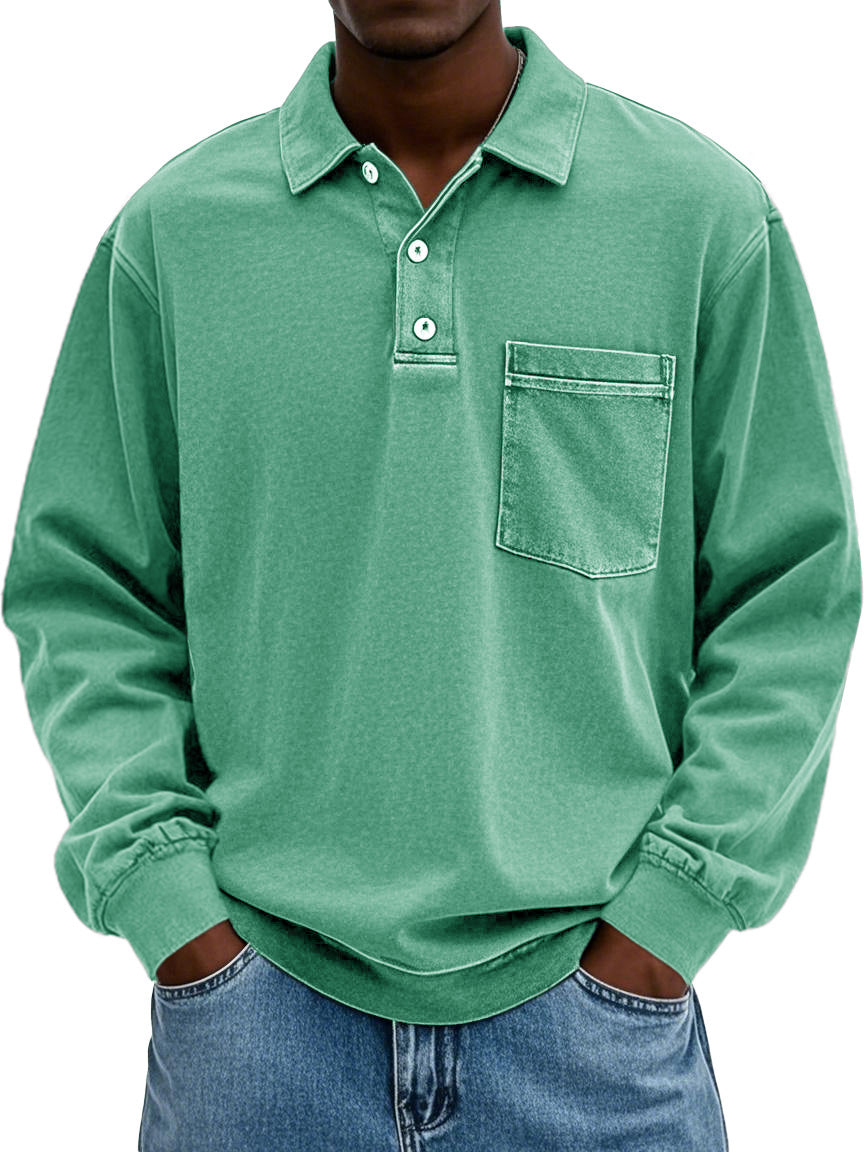 Men's Stylish Vintage Distressed Pocket Lapel Long-sleeved Polo Shirt 