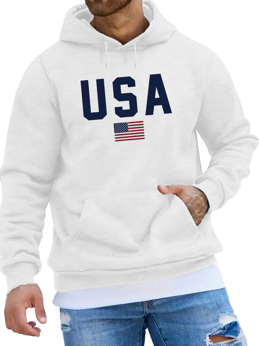 Men's Fashionable American Flag Print Pocket Long Sleeve Hoodie