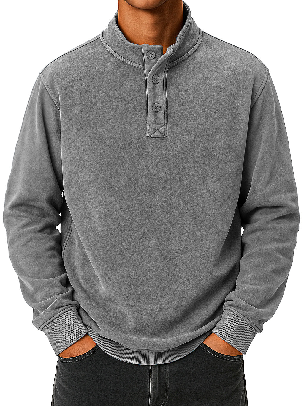 Men's vintage distressed stand collar button-down comfortable sweatshirt