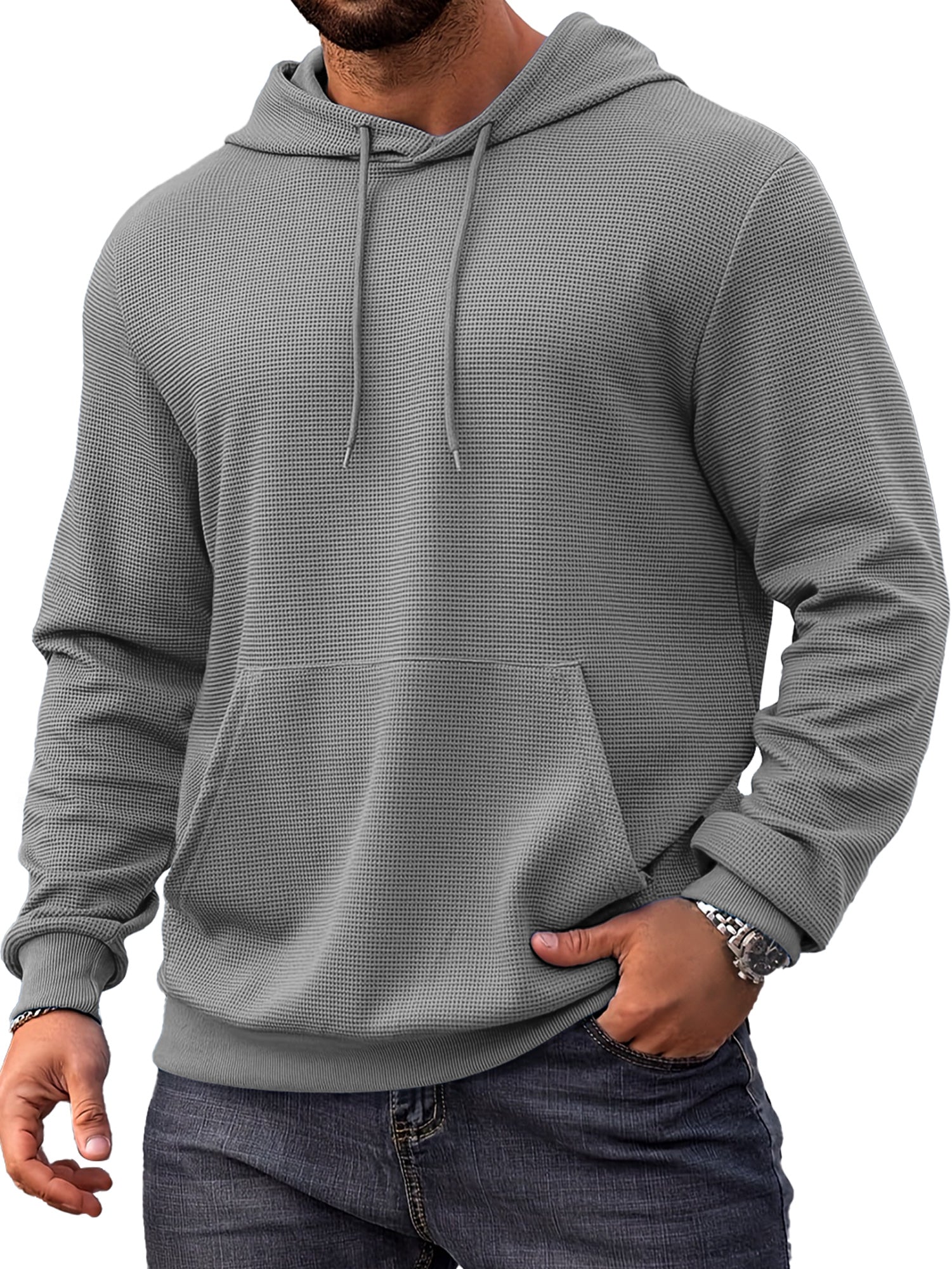 Men's Everyday Simple Waffle Comfortable Long-sleeved Hooded Sweatshirt