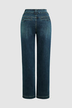 Vintage Oblique Button Mid Waist Straight Leg Jeans
