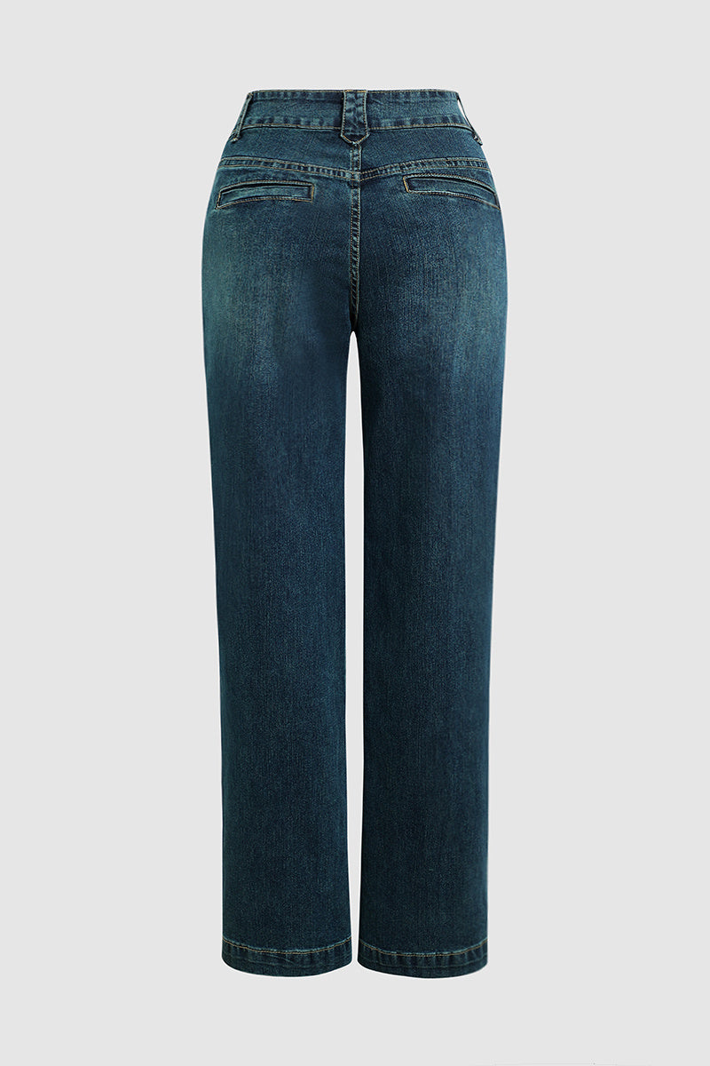 Vintage Oblique Button Mid Waist Straight Leg Jeans