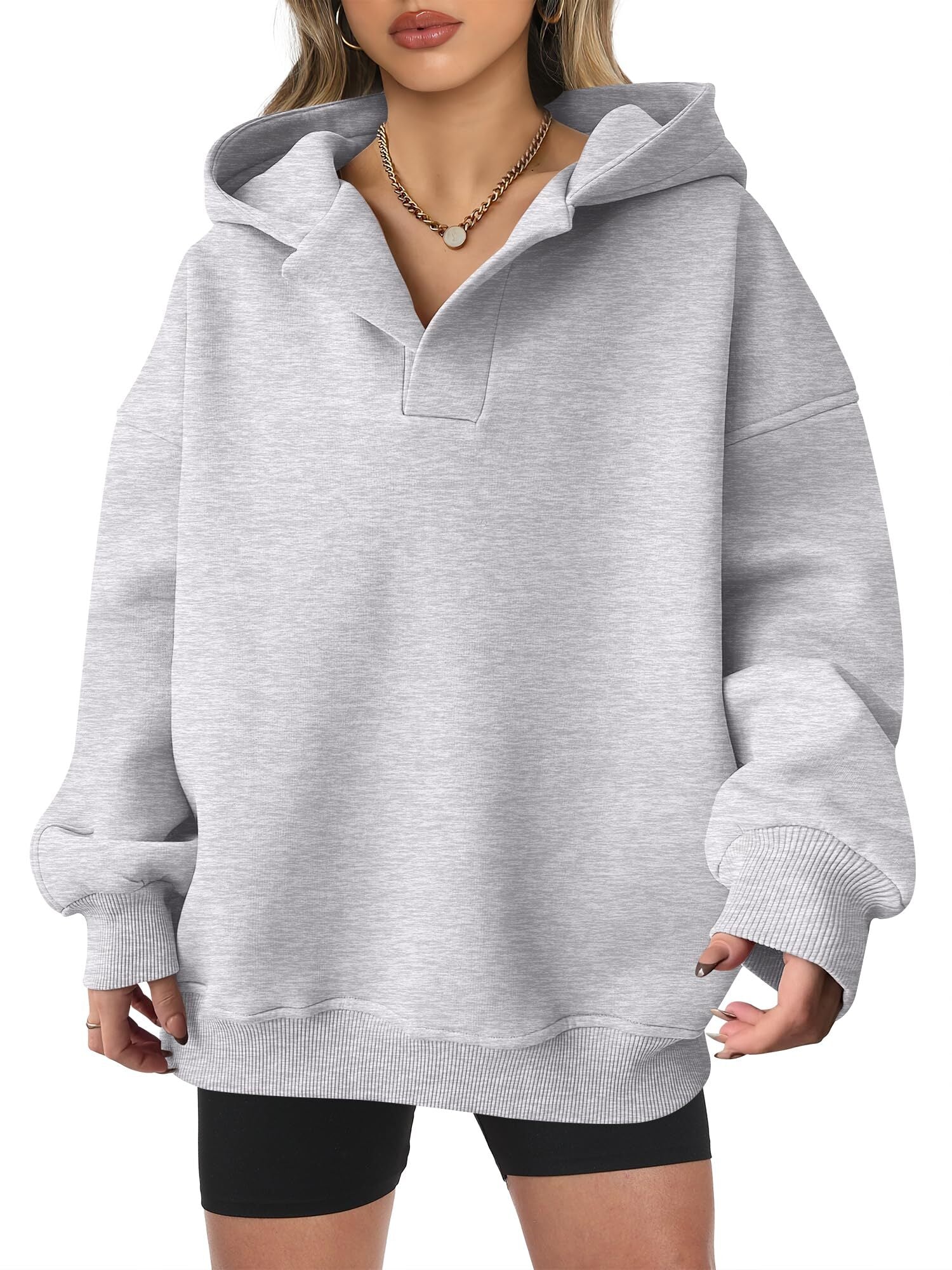 Women's Oversized V-Neck Hooded Pullover