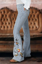 Striped Pattern Embroidered Low Waist Bootcut Jeans