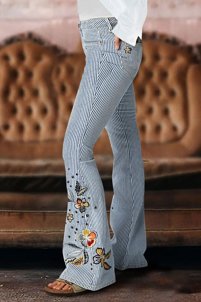 Striped Pattern Embroidered Low Waist Bootcut Jeans
